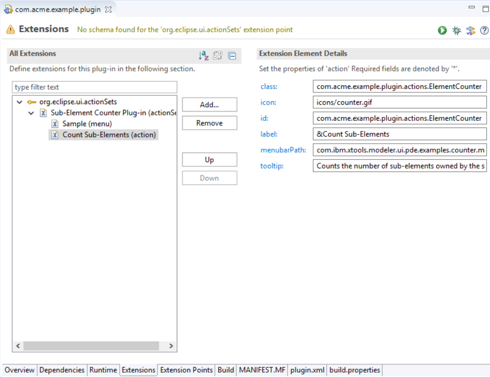 Plug-in Manifest Editor, Extensions Tab